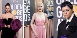 Julia Garner, Selena Gomez and Emma D’arcy Shine in De Beers Jewellers at the 2023 Golden Globe Awards